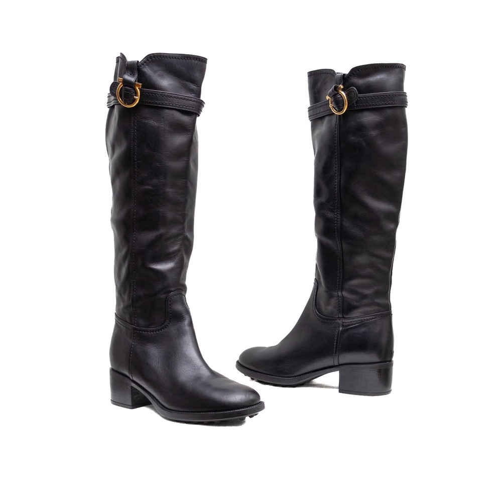 Women's Salvatore Ferragamo "Robespierre" Black Leather Knee-High Boots – US 9 B